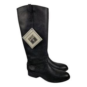 Frye Womens Lindsay Plate Black Riding Harness Boots Size 6.5 Tall Leather Heel
